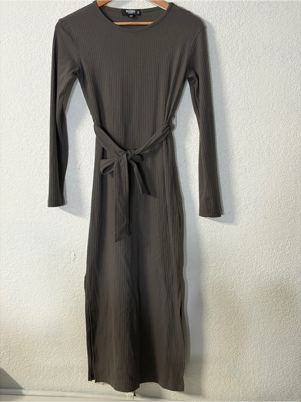 Missguided Long-Sleeve Ribbed Maternity Midi Dress in Dark Khaki side slits